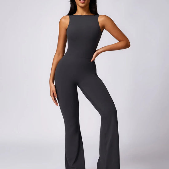 Maskert Sleeveless Butt Lifting Flare Jumpsuit 31'' Dark Grey Front 