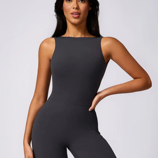 Maskert Sleeveless Butt Lifting Flare Jumpsuit 31'' Dark Grey Front Detail