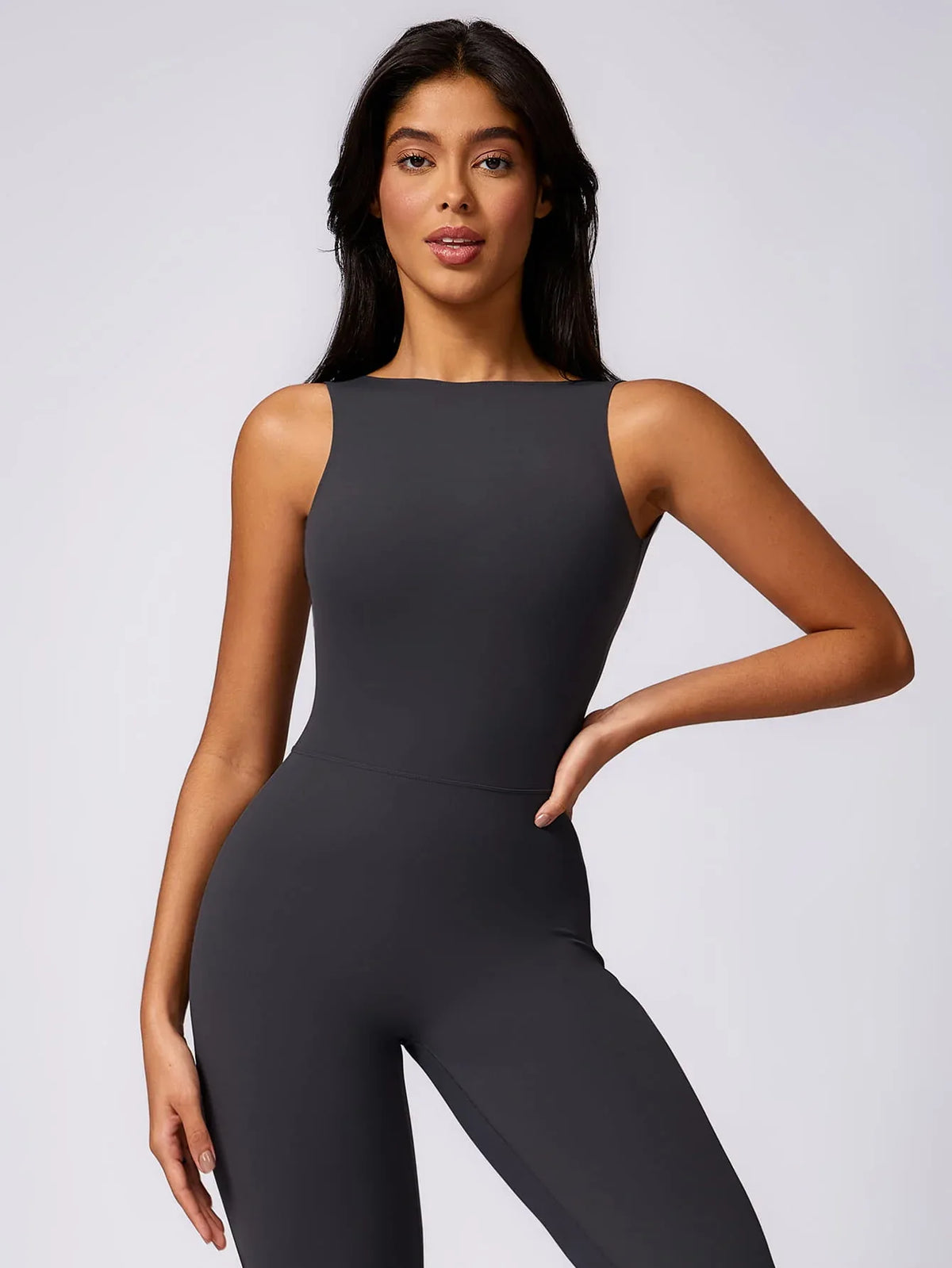 Maskert Sleeveless Butt Lifting Flare Jumpsuit 31'' Dark Grey Front Detail