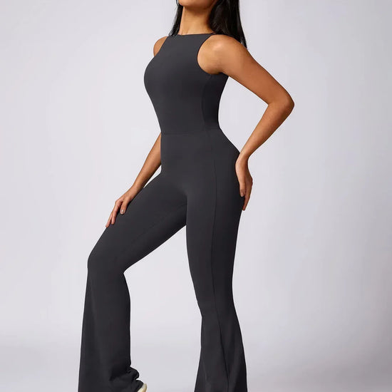 Maskert Sleeveless Butt Lifting Flare Jumpsuit 31'' Dark Grey Front Full Body Pose2