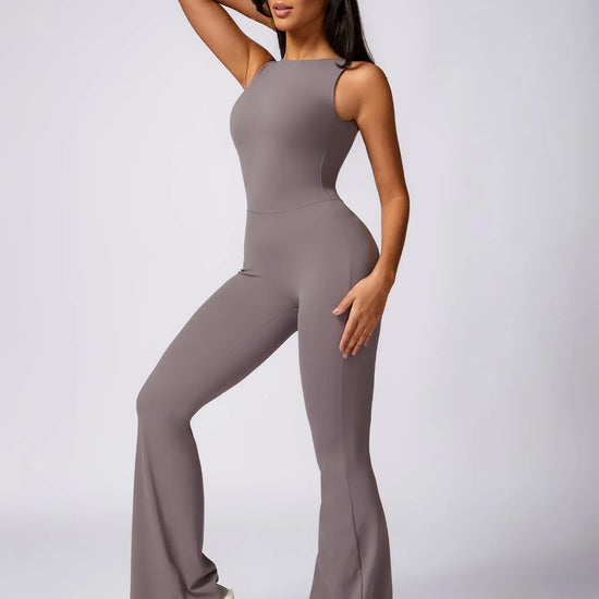 Maskert Sleeveless Butt Lifting Flare Jumpsuit 31'' Light Grey Front Full Body Pose2