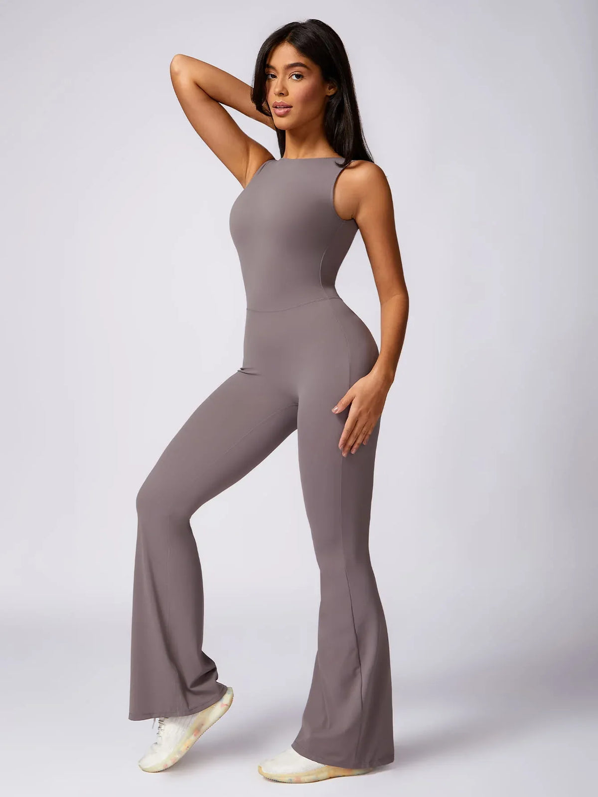 Maskert Sleeveless Butt Lifting Flare Jumpsuit 31'' Light Grey Front Full Body Pose2