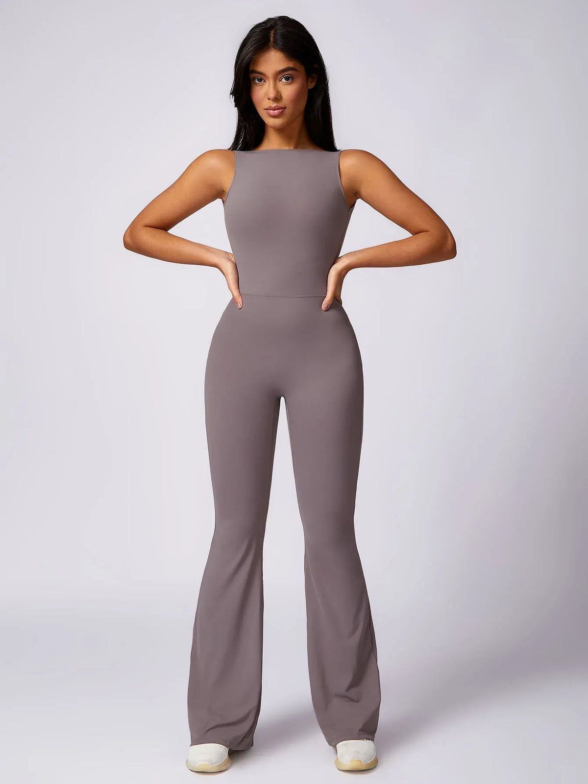 Maskert Sleeveless Butt Lifting Flare Jumpsuit 31'' Light Grey Front Full Body Pose3