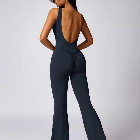 Maskert Sleeveless Butt Lifting Flare Jumpsuit 31'' Midnight Grey Back Full Body Pose2