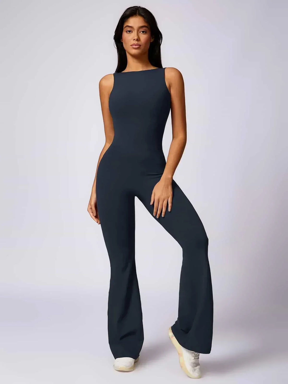 Maskert Sleeveless Butt Lifting Flare Jumpsuit 31'' Midnight Grey Front