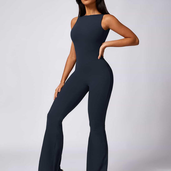 Maskert Sleeveless Butt Lifting Flare Jumpsuit 31'' Midnight Grey Front Full Body Pose2