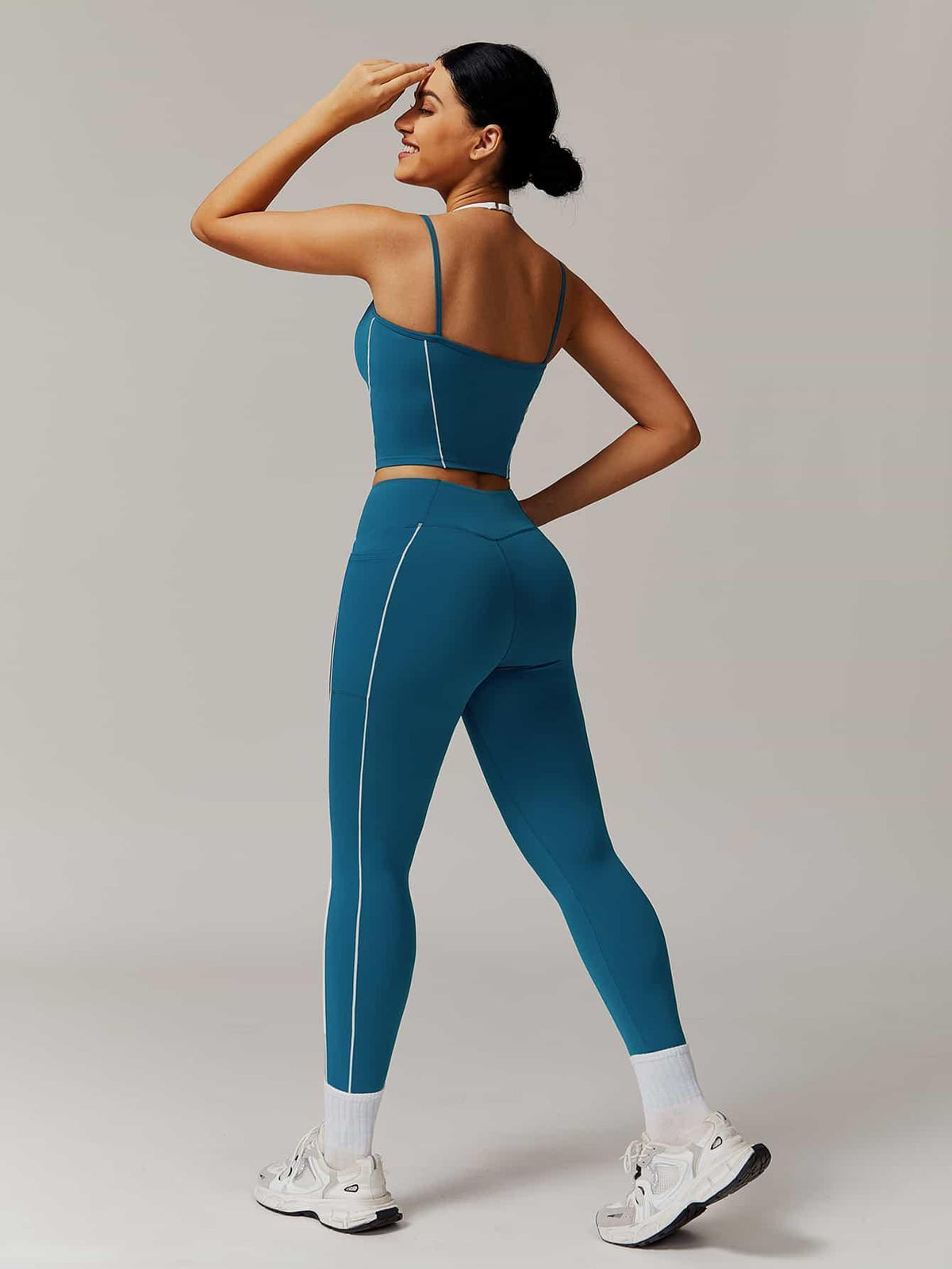 Maskert Two-in-One Camisole & Leggings Set Teal Back Full Body Sside Pose
