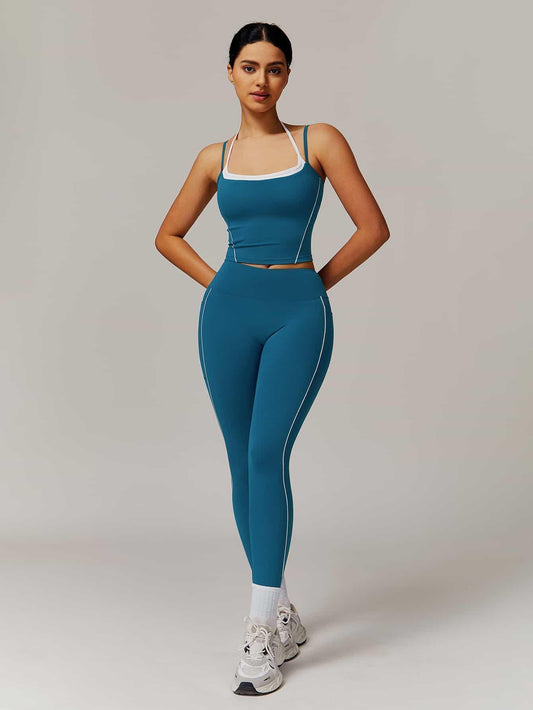 Maskert Two-in-One Camisole & Leggings Set Teal Front Full Body Pose