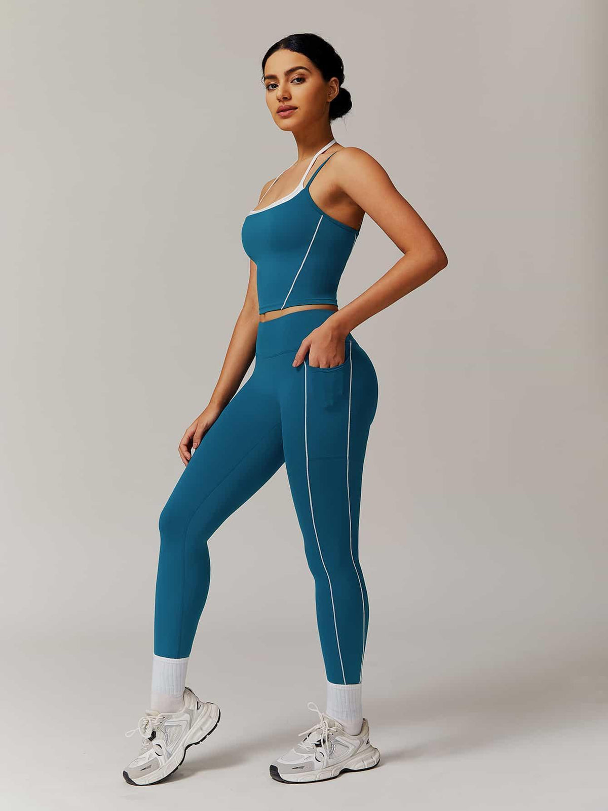 Maskert Two-in-One Camisole & Leggings Set Teal Front Full Body Sside Pose2