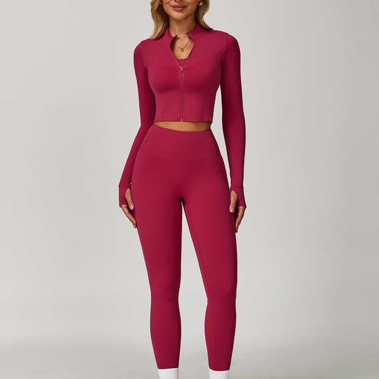 Maskert Women's Long Sleeve Workout Activewear Set Berry Red Front