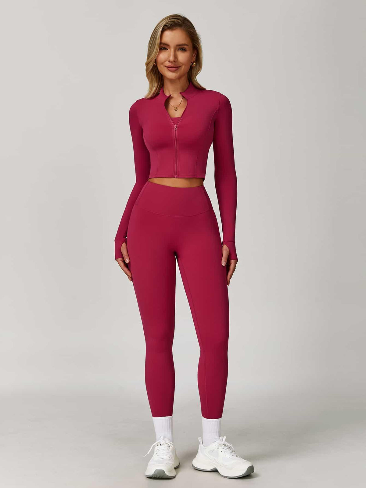 Maskert Women's Long Sleeve Workout Activewear Set Berry Red Front