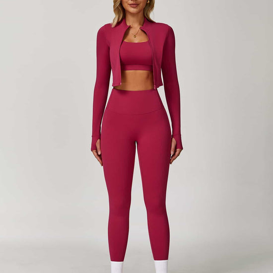 Maskert Women's Long Sleeve Workout Activewear Set Berry Red Front Full Body Pose3
