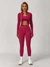 Maskert Women's Long Sleeve Workout Activewear Set Berry Red Front Full Body Pose3