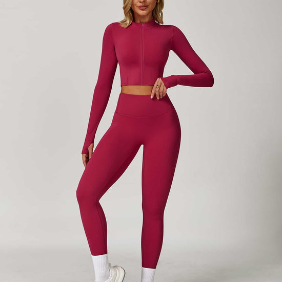 Maskert Women's Long Sleeve Workout Activewear Set Berry Red Front Full Body Pose4
