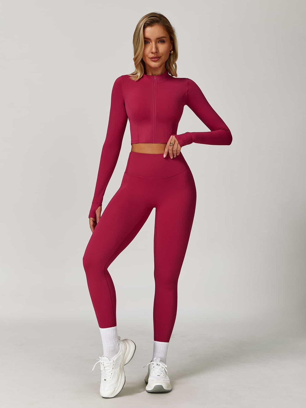 Maskert Women's Long Sleeve Workout Activewear Set Berry Red Front Full Body Pose4