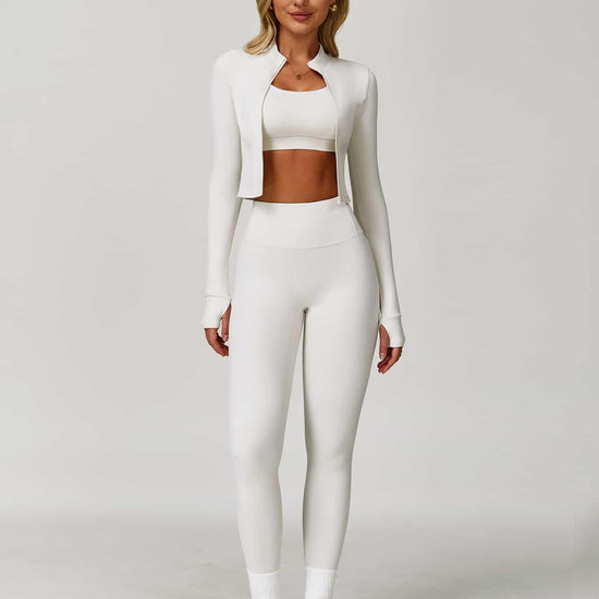 Maskert Women's Long Sleeve Workout Activewear Set Cloud White Front Full Body Pose5