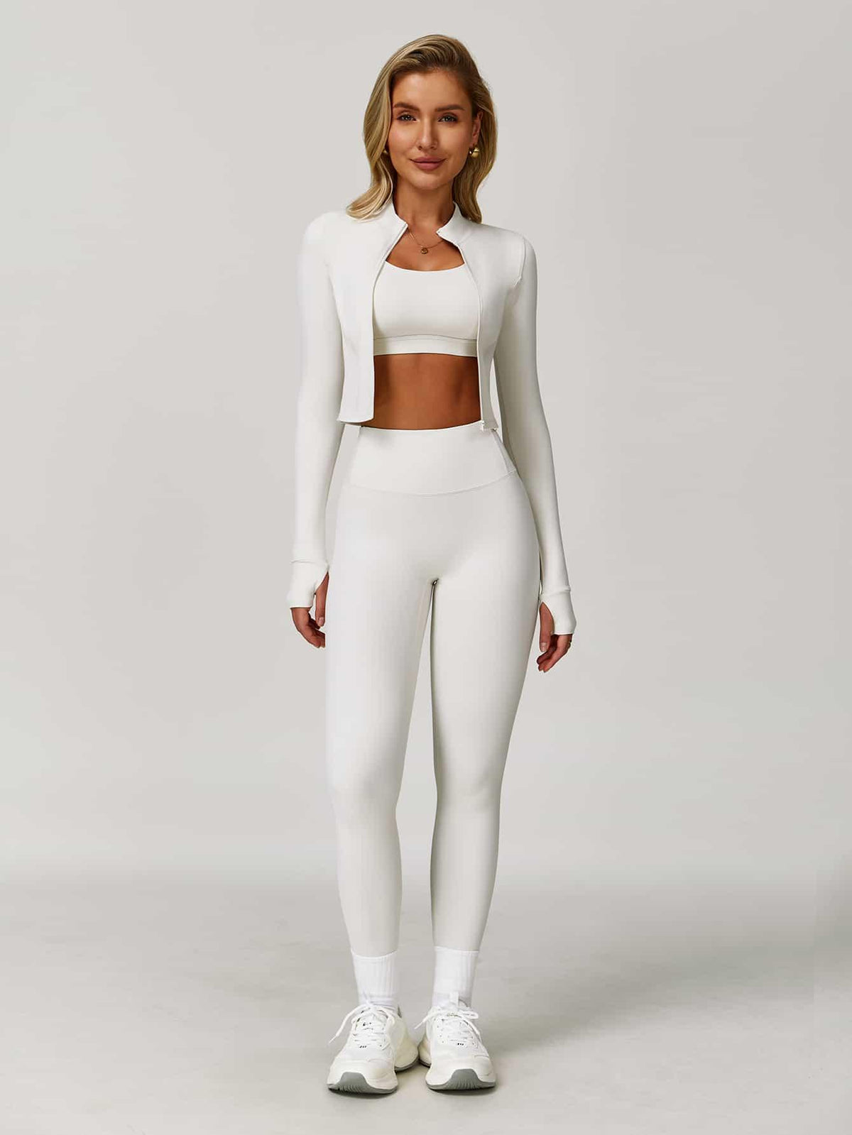 Maskert Women's Long Sleeve Workout Activewear Set Cloud White Front Full Body Pose5