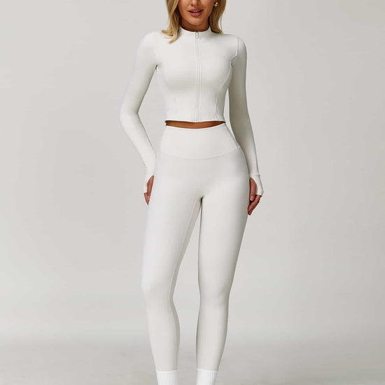 Maskert Women's Long Sleeve Workout Activewear Set Cloud White Front Full Body Pose2