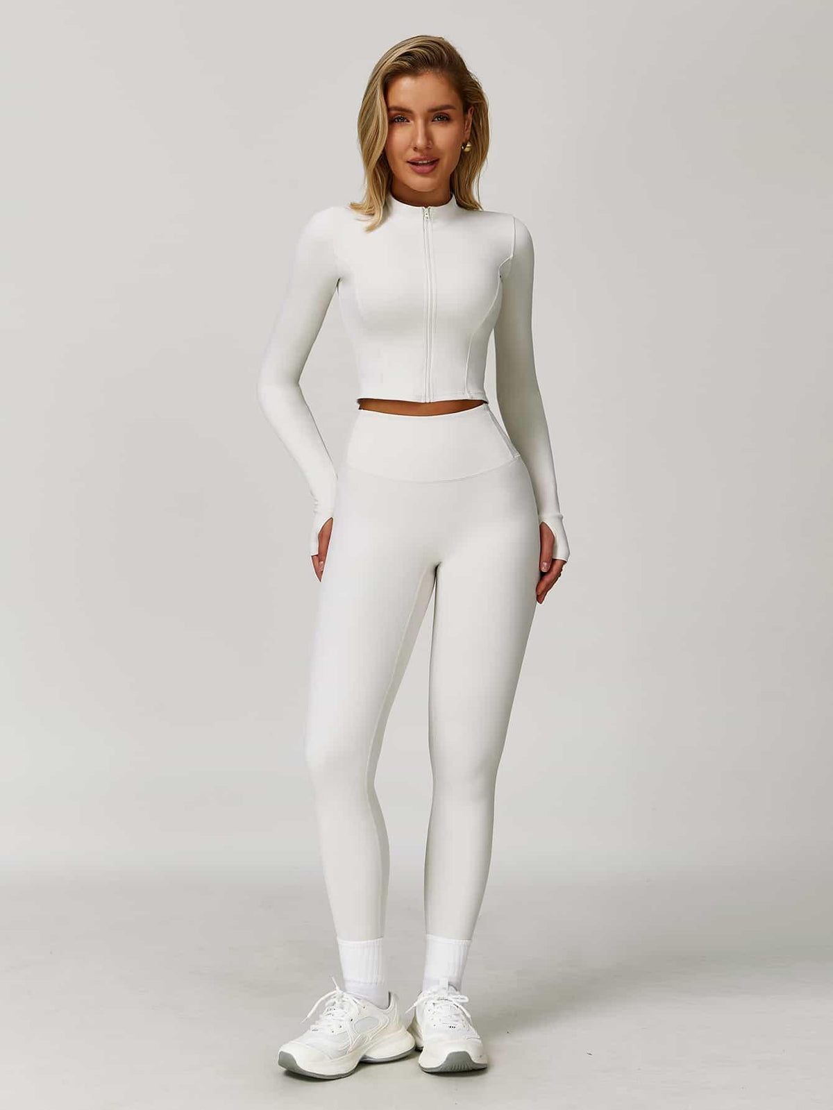 Maskert Women's Long Sleeve Workout Activewear Set Cloud White Front Full Body Pose2