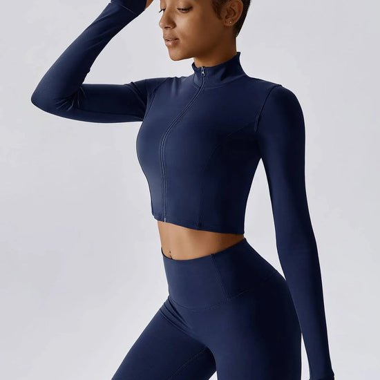 Maskert Women's Long Sleeve Workout Activewear Set Navy Blue Font Detail