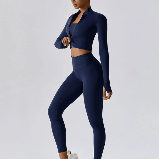 Maskert Women's Long Sleeve Workout Activewear Set Navy Blue Font Side