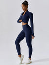 Maskert Women's Long Sleeve Workout Activewear Set Navy Blue Font Side