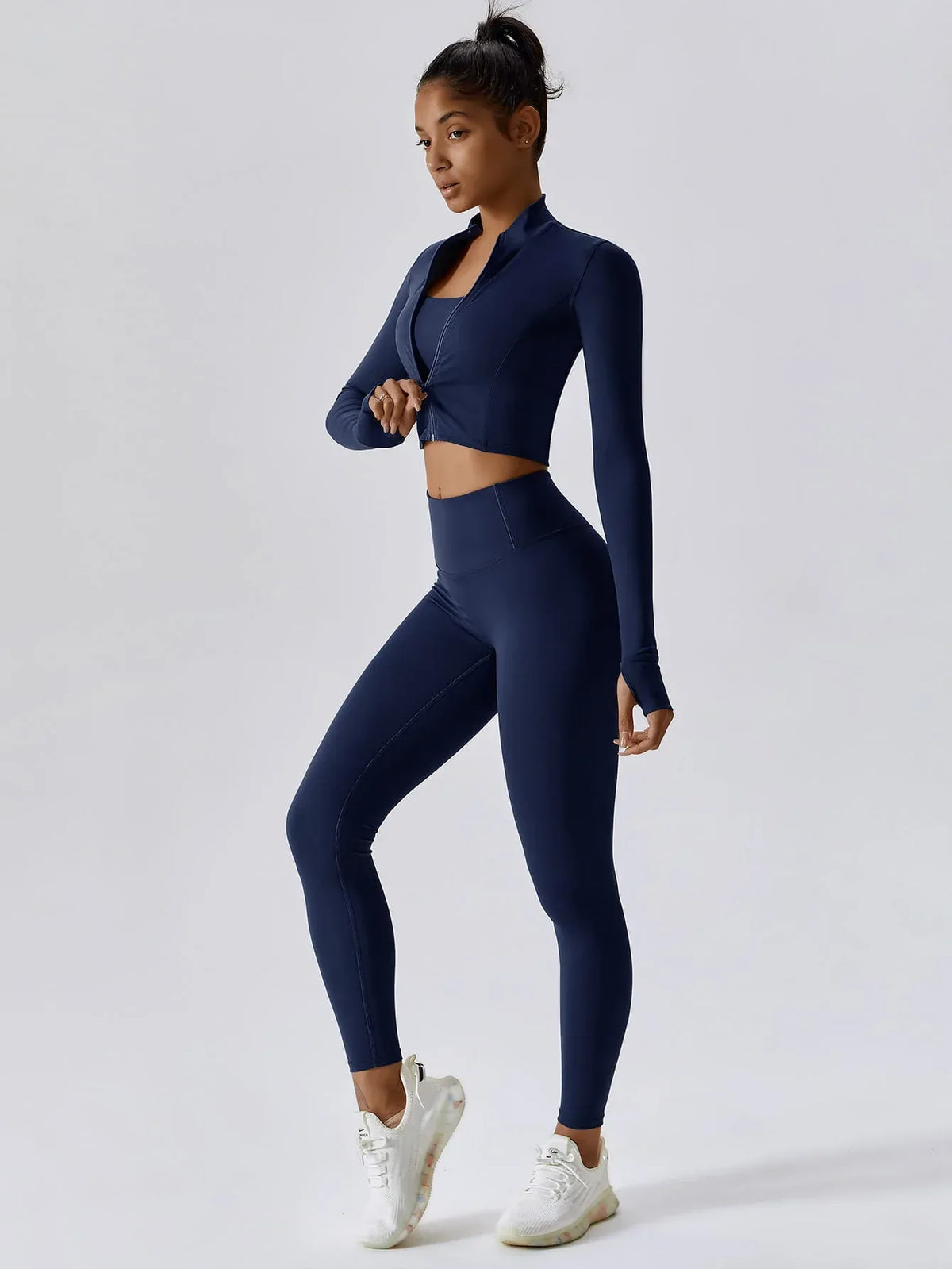 Maskert Women's Long Sleeve Workout Activewear Set Navy Blue Font Side