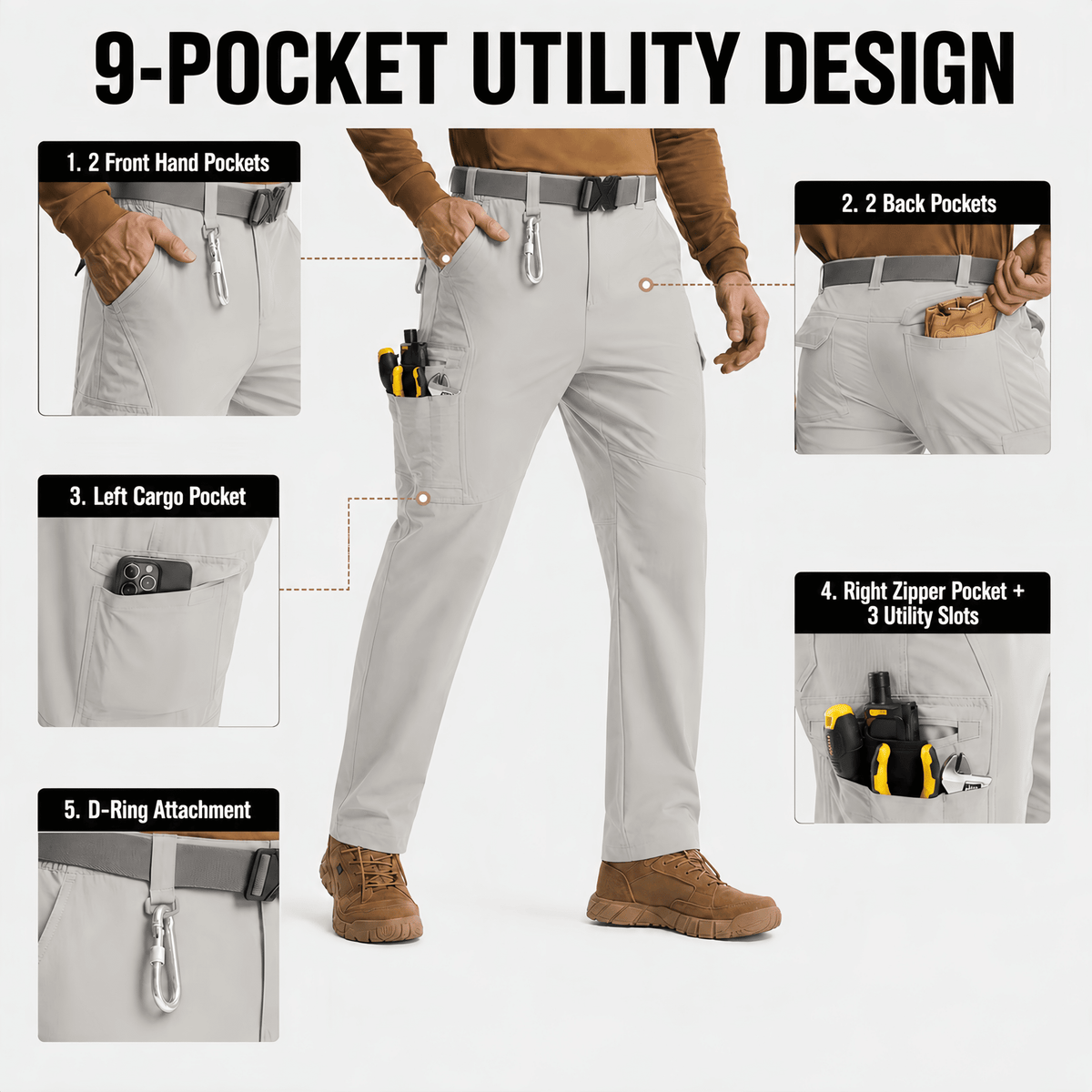 YAPPO Men's Work Pants, Water-Resistant Stretch Hiking Cargo Pants with 9 Pockets - Light Grey - image 4