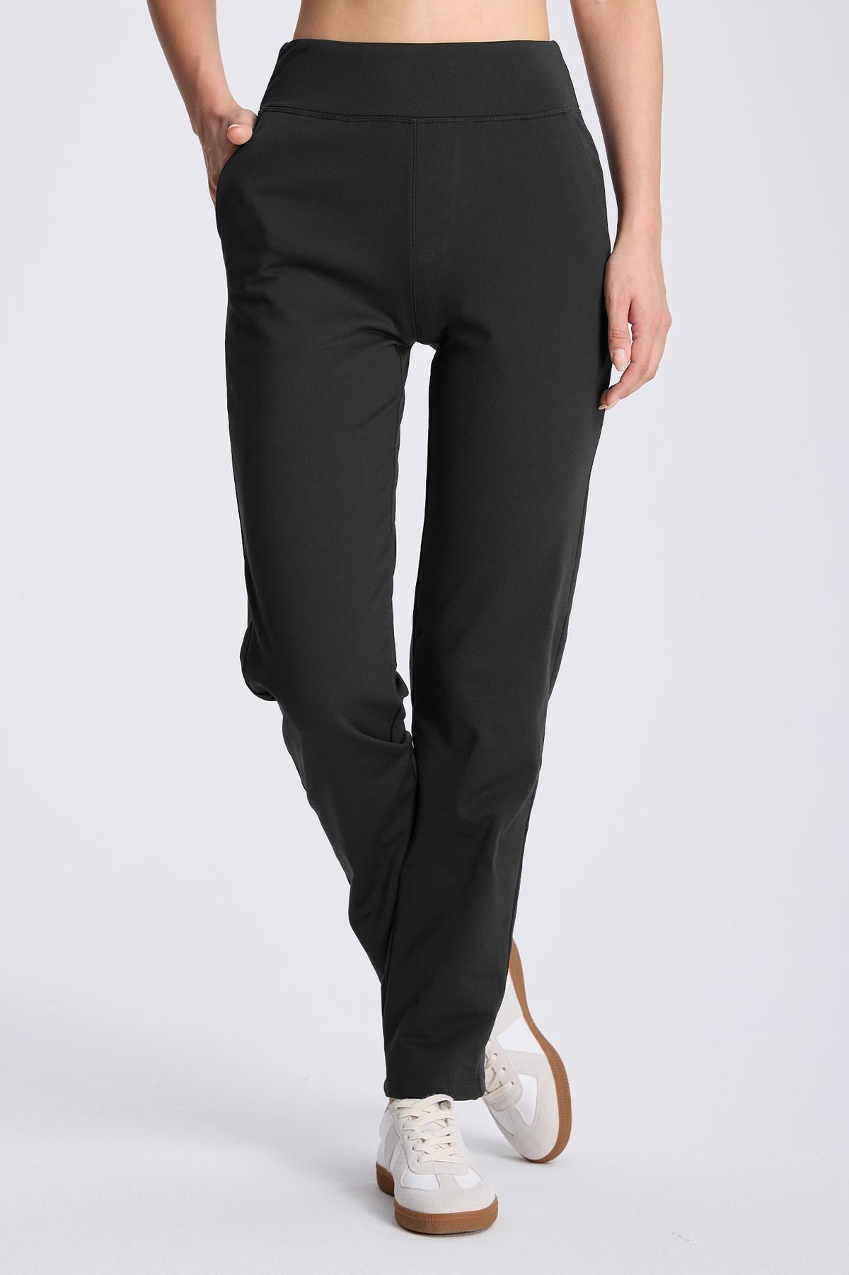 MASKERT Women¡¯s Fleece Pants, High Waisted Casual Straight Leg Pants with Stretch, Warm Fleece Lined Slim Fit Pants with Zipper Pockets for Work Golf Hiking Daily Wear - Black - L - 29