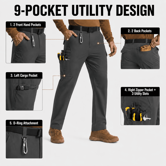 YAPPO Men's Work Pants, Water-Resistant Stretch Hiking Cargo Pants with 9 Pockets - Dark Grey - image 2