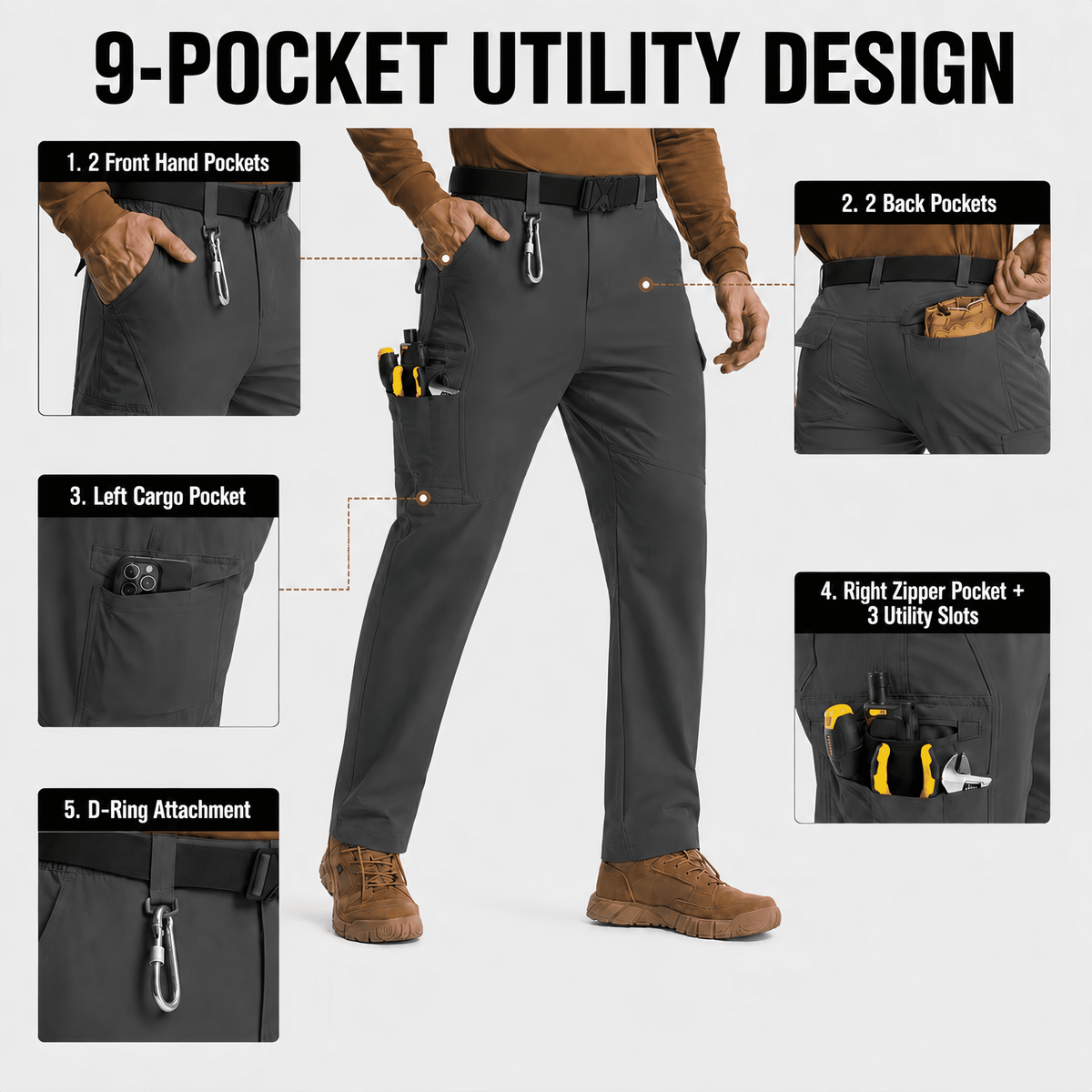 YAPPO Men's Work Pants, Water-Resistant Stretch Hiking Cargo Pants with 9 Pockets - Dark Grey - image 2