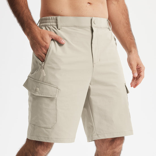 MASKERT Men's Hiking Cargo Shorts with Pockets Work Shorts | 9 Inch, Elastic Waistband, Water Resistant, Sun Protection, Quick Dry, Travel, Casual, Fishing - Light Khaki - 40