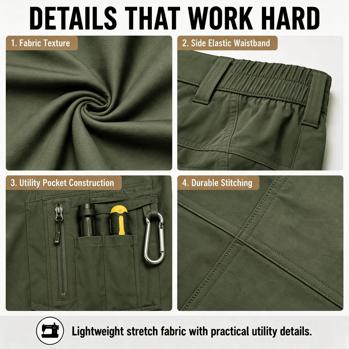 YAPPO Men's Work Pants, Water-Resistant Stretch Hiking Cargo Pants with 9 Pockets - Army Green - image 4