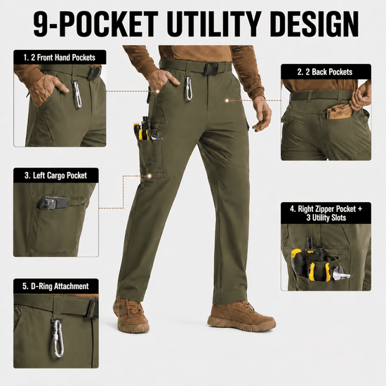YAPPO Men's Work Pants, Water-Resistant Stretch Hiking Cargo Pants with 9 Pockets - Olive Green - image 2