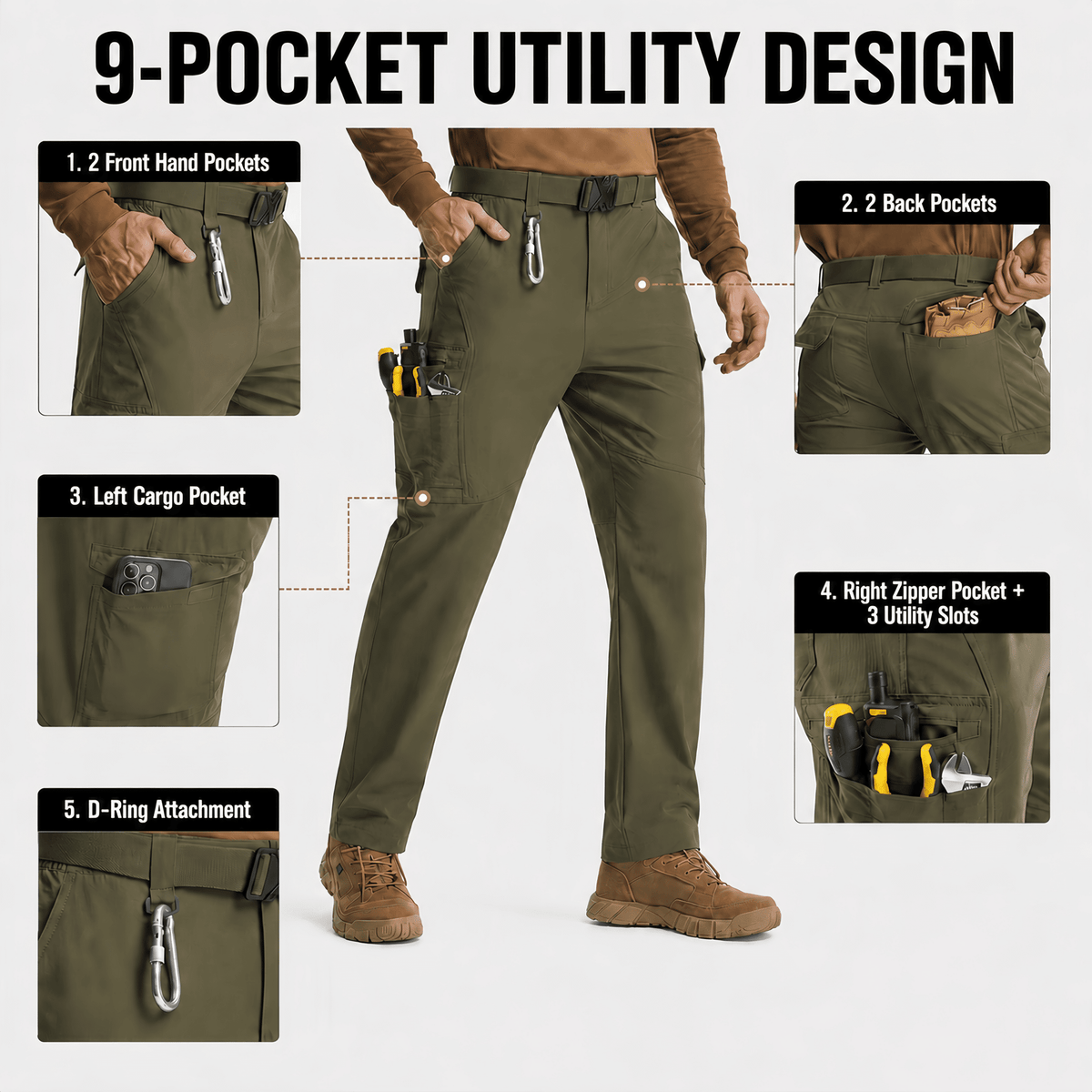 YAPPO Men's Work Pants, Water-Resistant Stretch Hiking Cargo Pants with 9 Pockets - Olive Green - image 2