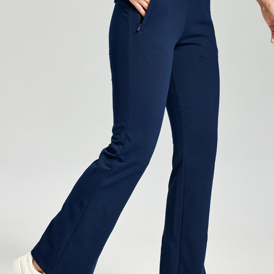 MASKERT Women's Fleece Lined Flare Pants, High Waisted Stretch Casual Pants with Zipper Pockets, Soft Warm Bootcut Pants for Fall Winter - Navy - XXL - 29