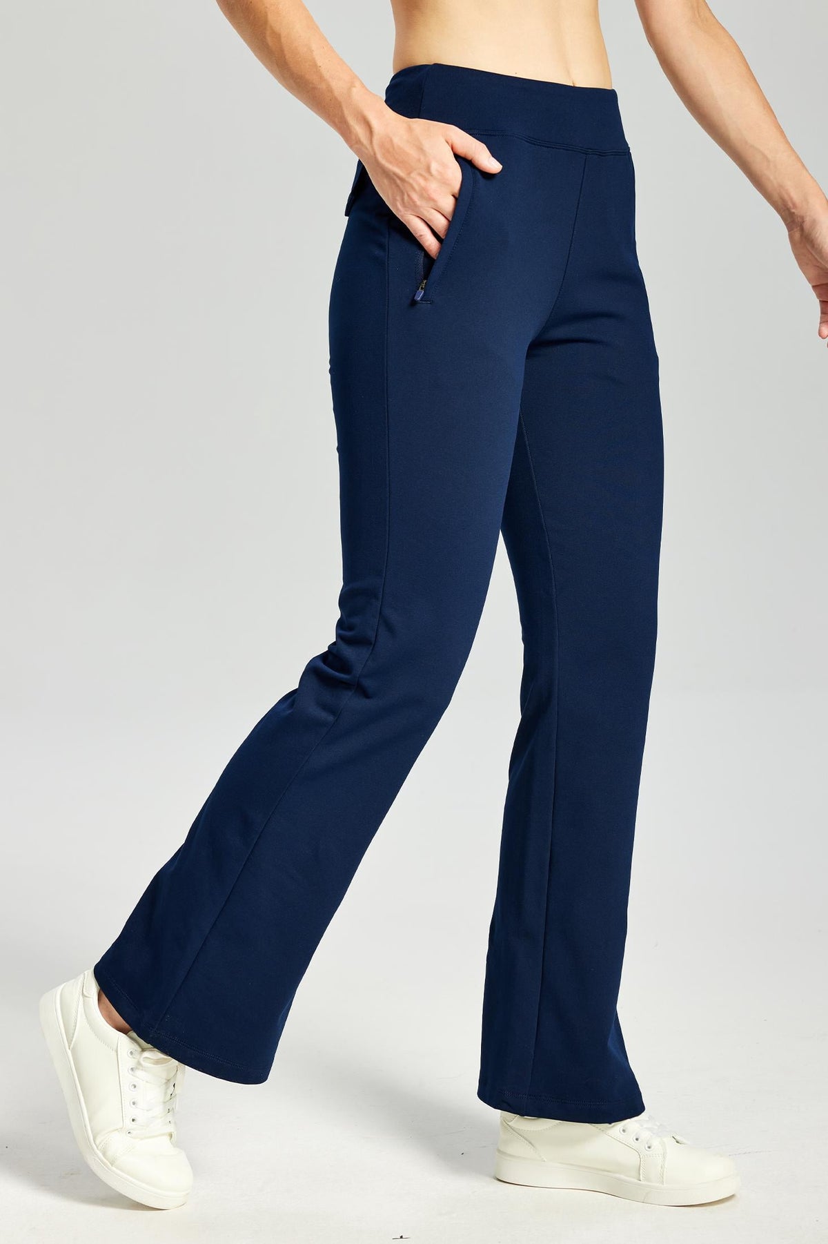 MASKERT Women's Fleece Lined Flare Pants, High Waisted Stretch Casual Pants with Zipper Pockets, Soft Warm Bootcut Pants for Fall Winter - Navy - XXL - 29
