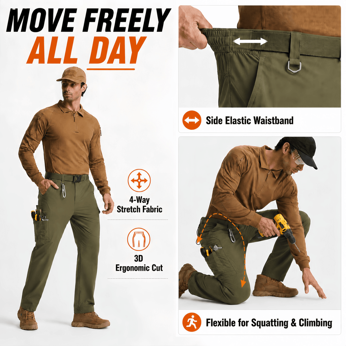 YAPPO Men's Work Pants, Water-Resistant Stretch Hiking Cargo Pants with 9 Pockets - Olive Green - image 5