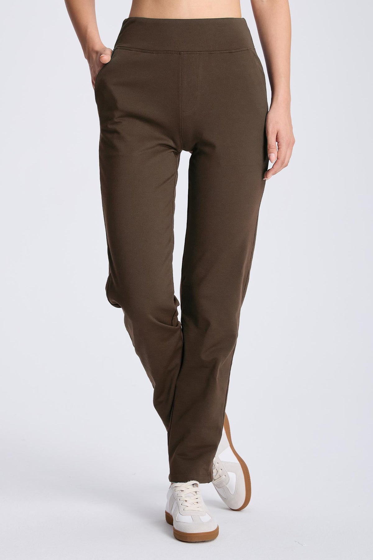 MASKERT Women¡¯s Fleece Pants, High Waisted Casual Straight Leg Pants with Stretch, Warm Fleece Lined Slim Fit Pants with Zipper Pockets for Work Golf Hiking Daily Wear - Brown - L - 29