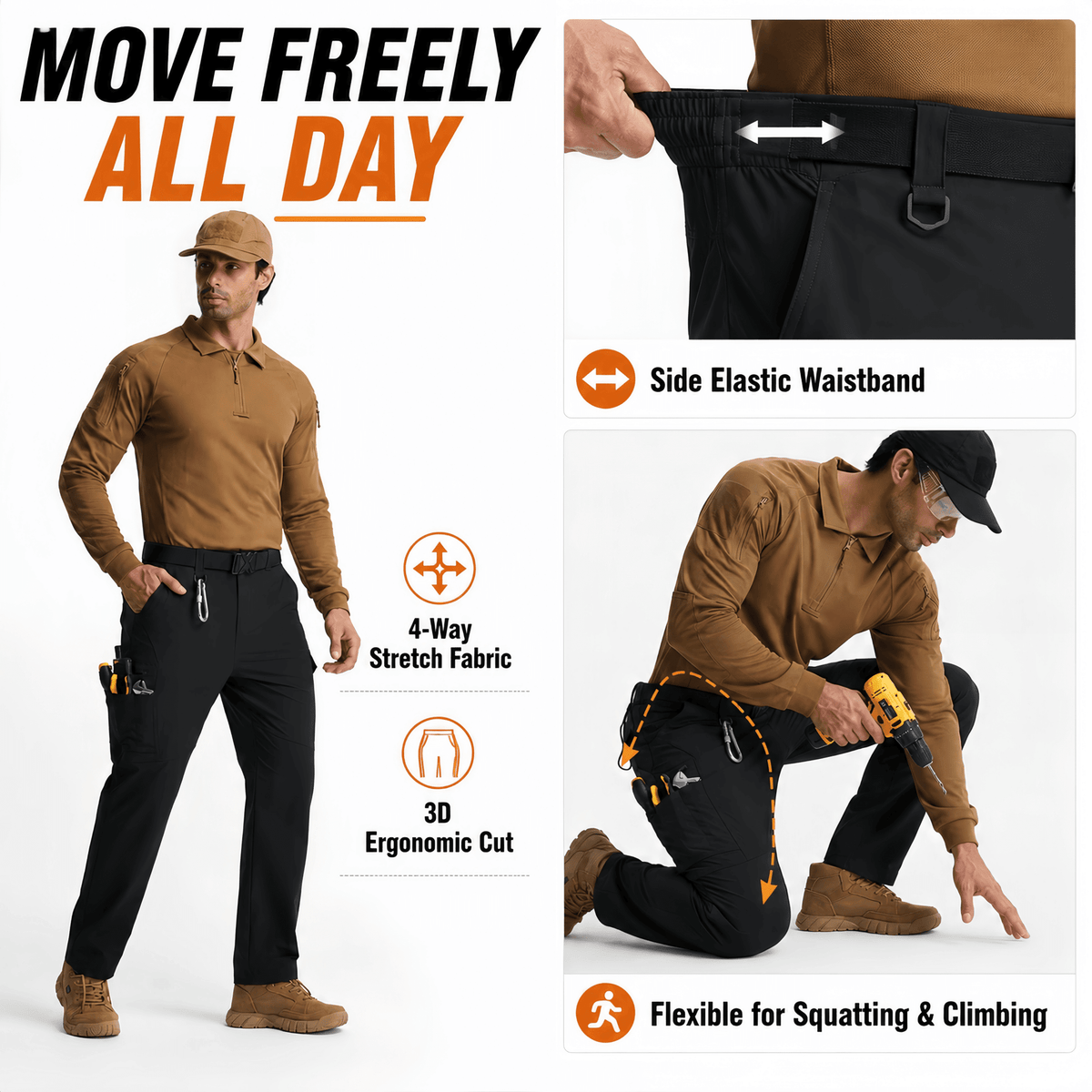 YAPPO Men's Work Pants, Water-Resistant Stretch Hiking Cargo Pants with 9 Pockets - Black - image 7