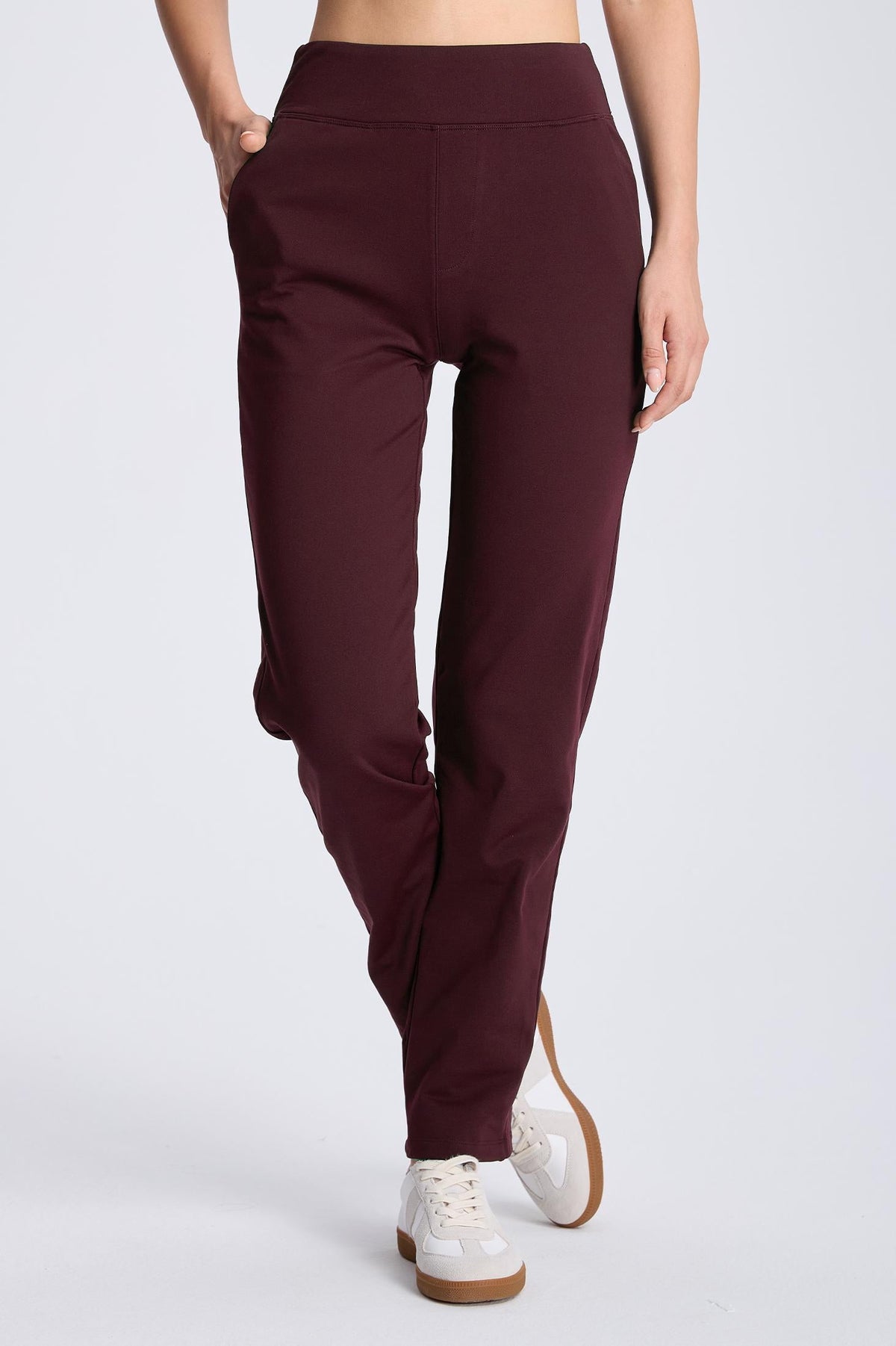 MASKERT Women¡¯s Fleece Pants, High Waisted Casual Straight Leg Pants with Stretch, Warm Fleece Lined Slim Fit Pants with Zipper Pockets for Work Golf Hiking Daily Wear - Wine Red - S - 29