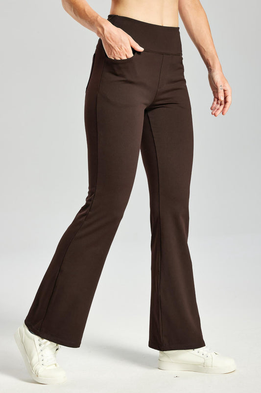 MASKERT Women's Fleece Lined Bootcut Pants,High Waisted Stretch Casual Pants,Warm Winter Pants with 4 Pockets - Brown - XL