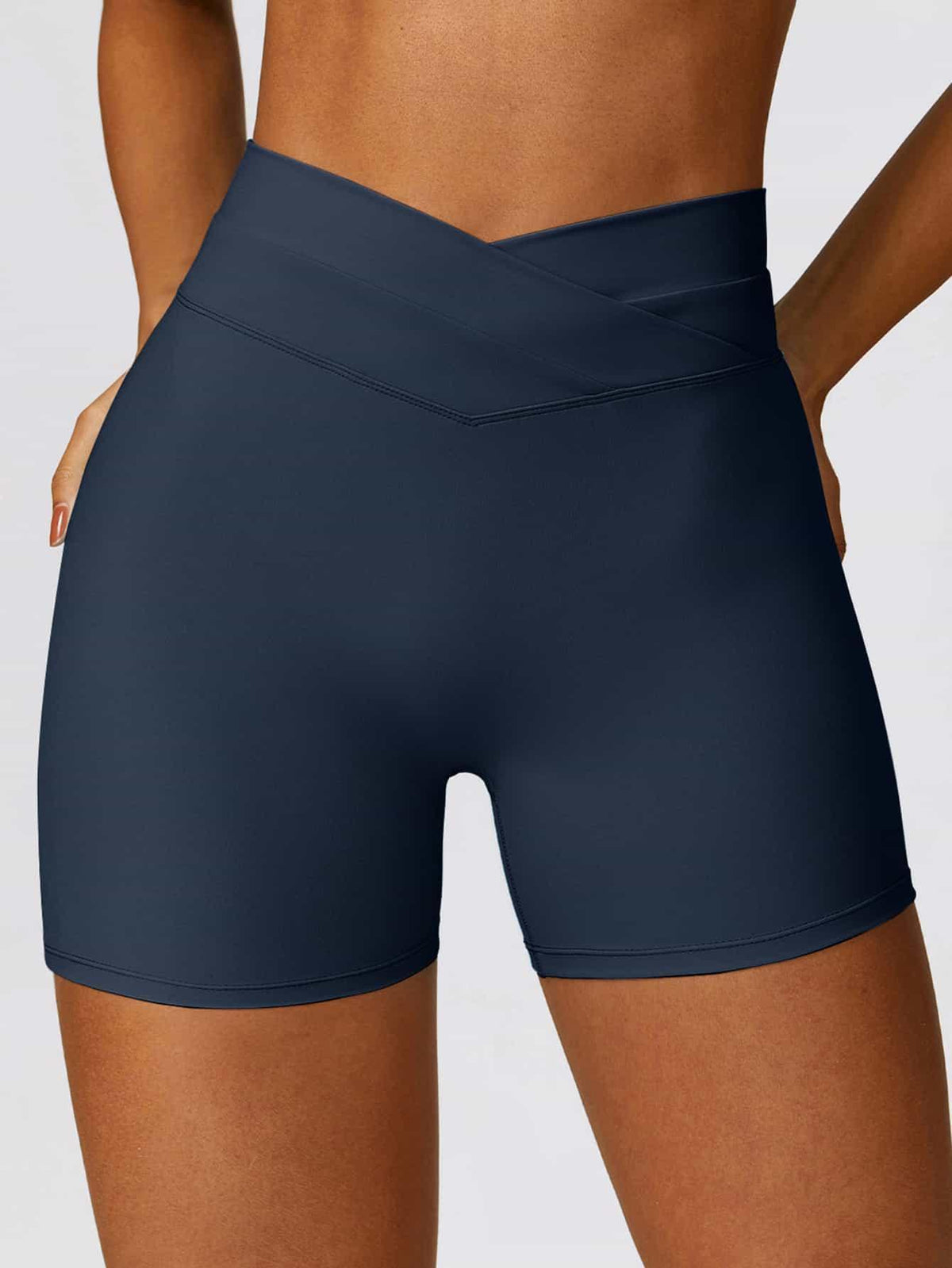 High Waist Crossover Yoga Biker Shorts 4" - MASKERT - Midnight Blue / XS