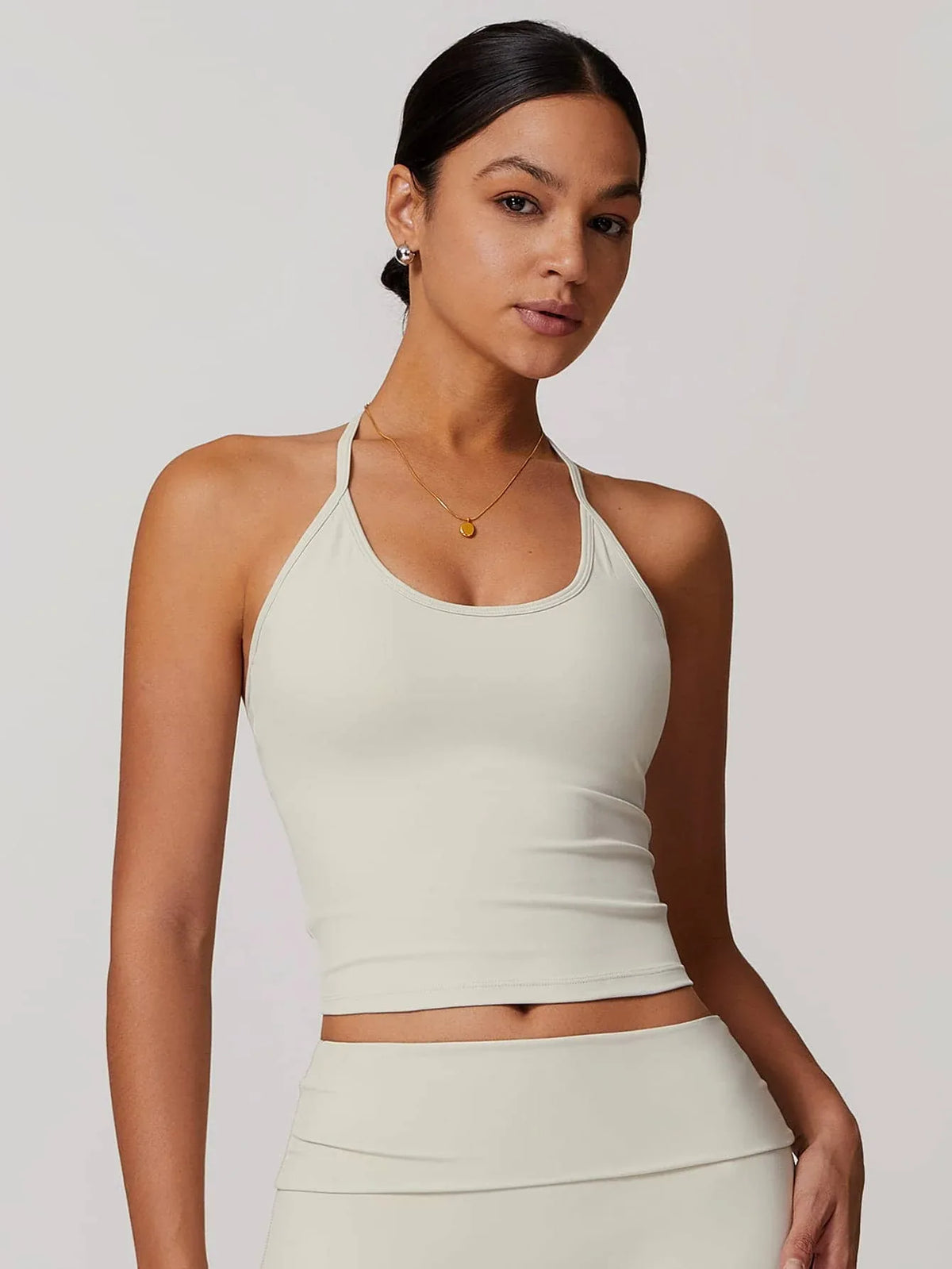 Halter Neck Lace-Up Back Tank Top - MASKERT - Serenity Gray / S