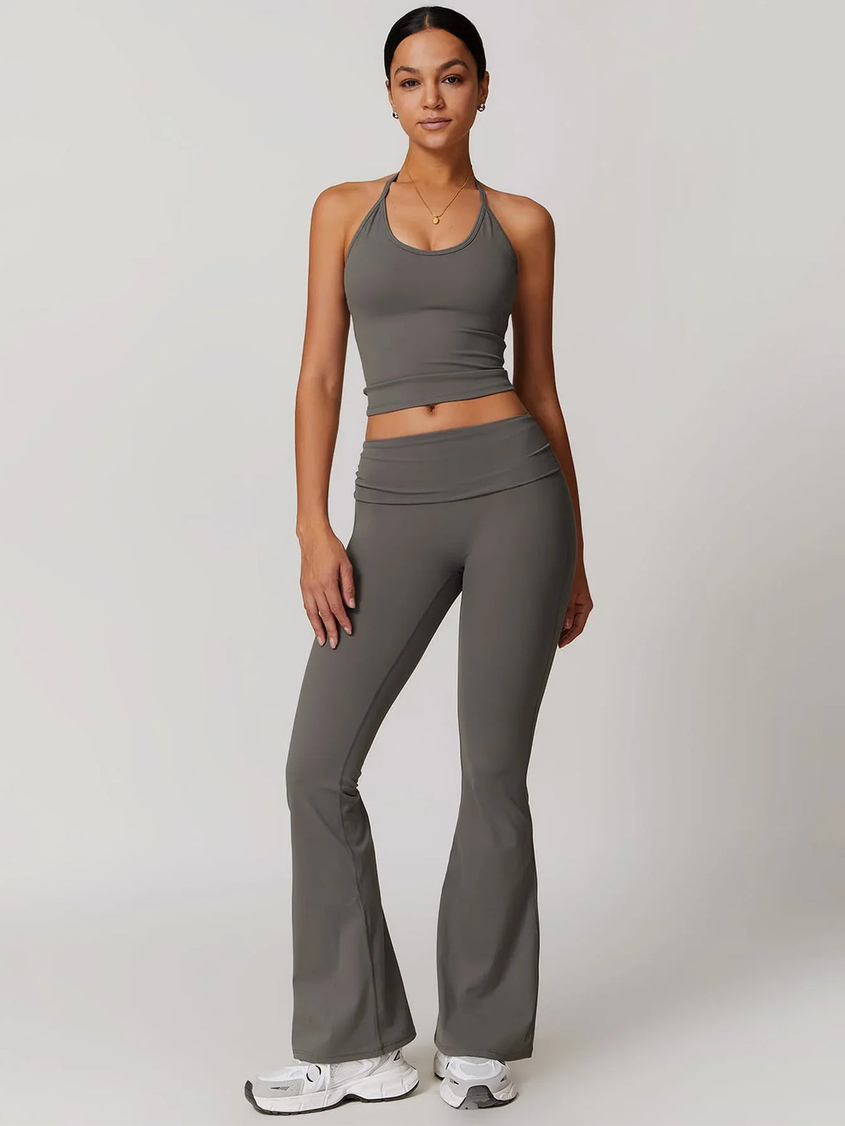 Halter Neck Lace-Up Back Tank Top - MASKERT - Serenity Gray / S