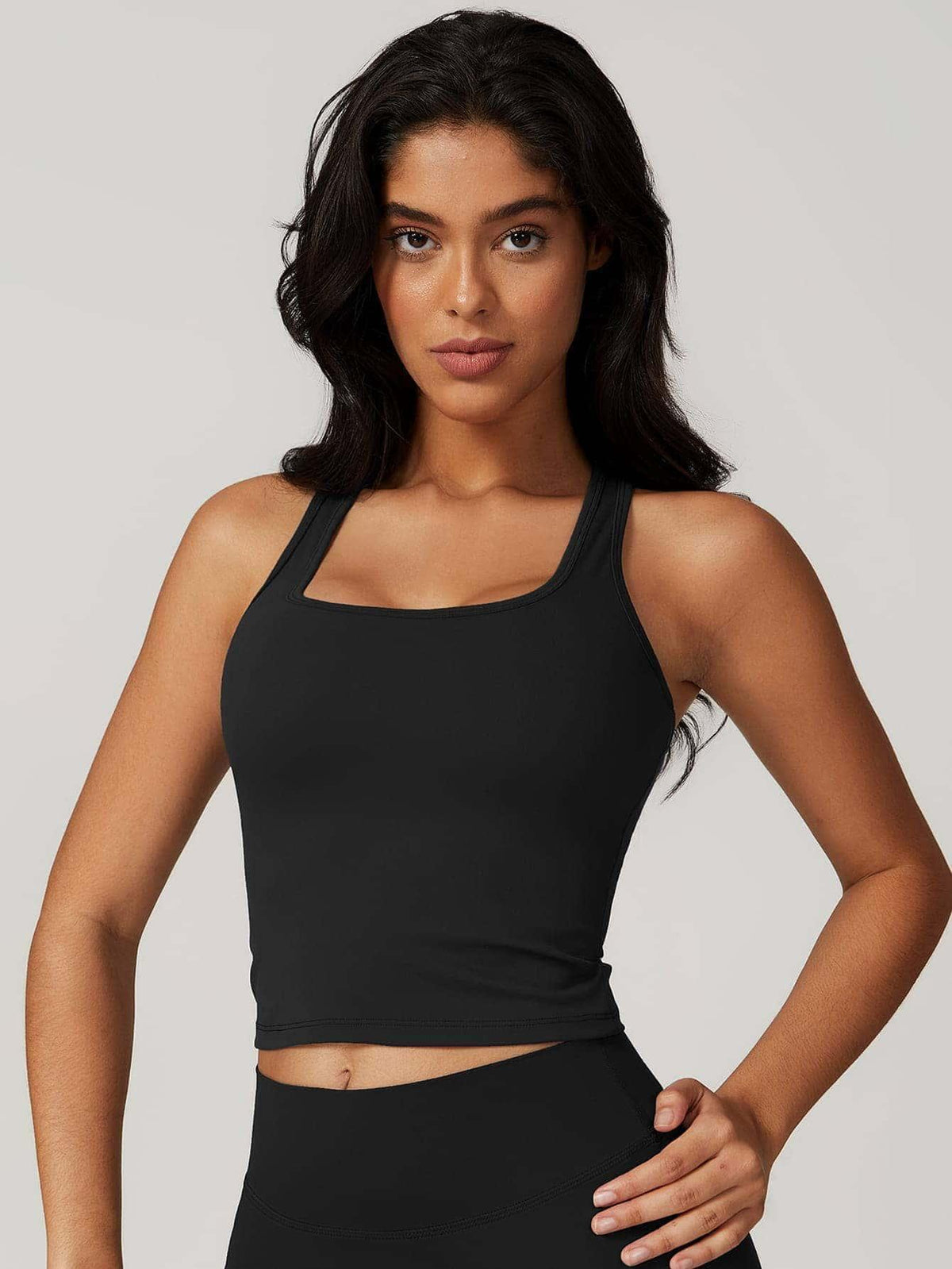 Square Neck Bra Racerback Tank Top - MASKERT - Black / S